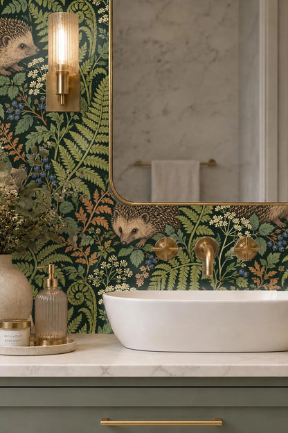 Matched room showing Bracken Hedgehog Dance wallpaper behind a textured sideboard with framed art.