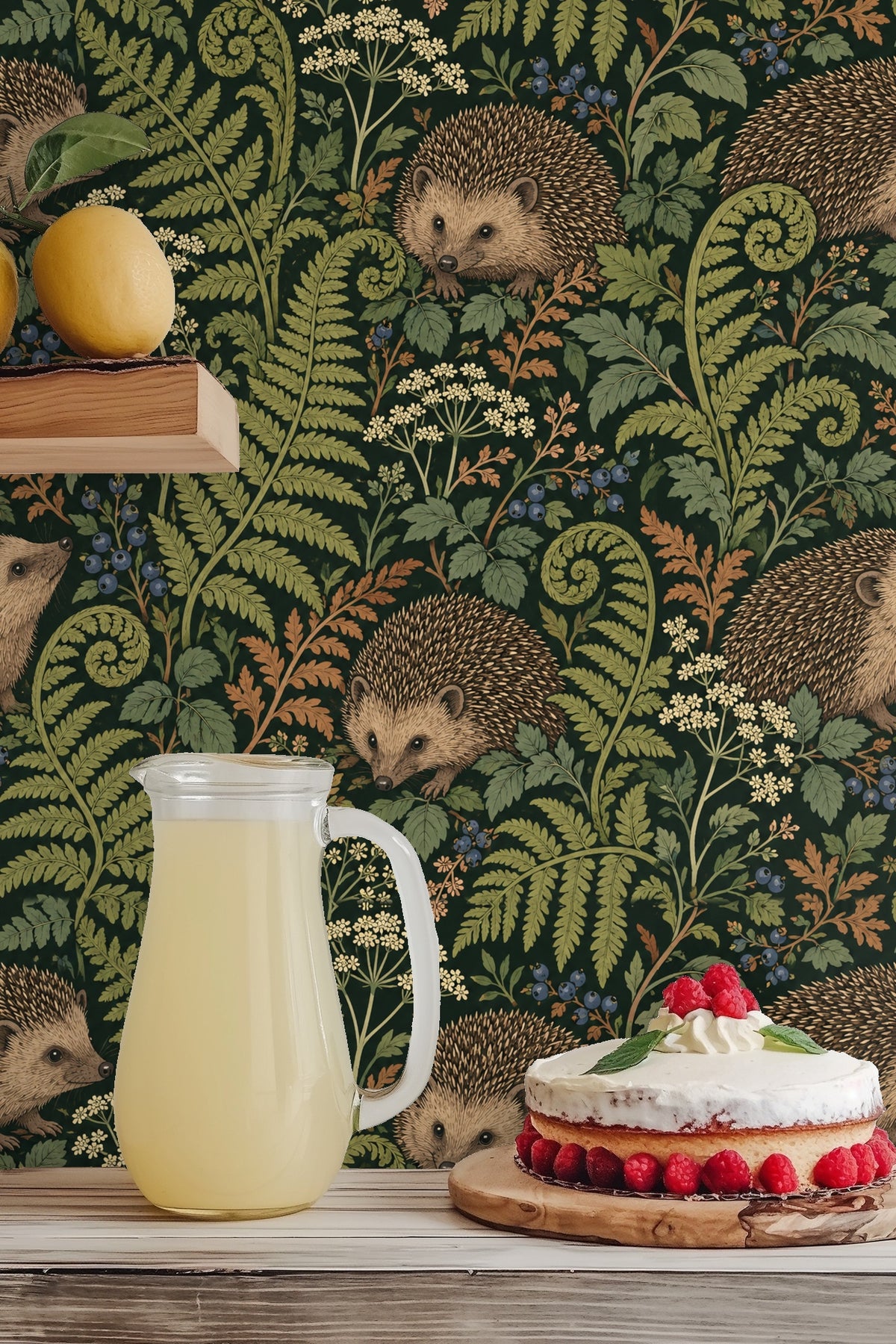 Tall fern fronds curling elegantly across the wallpaper.