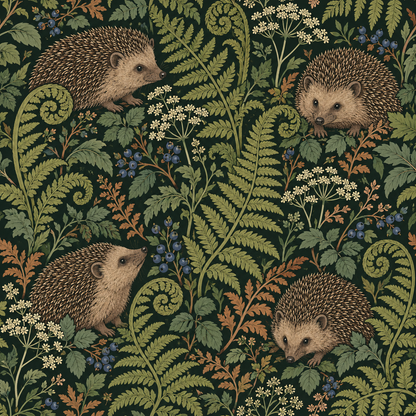 Soft light casting shadows on the botanical wallpaper pattern in a cozy space.