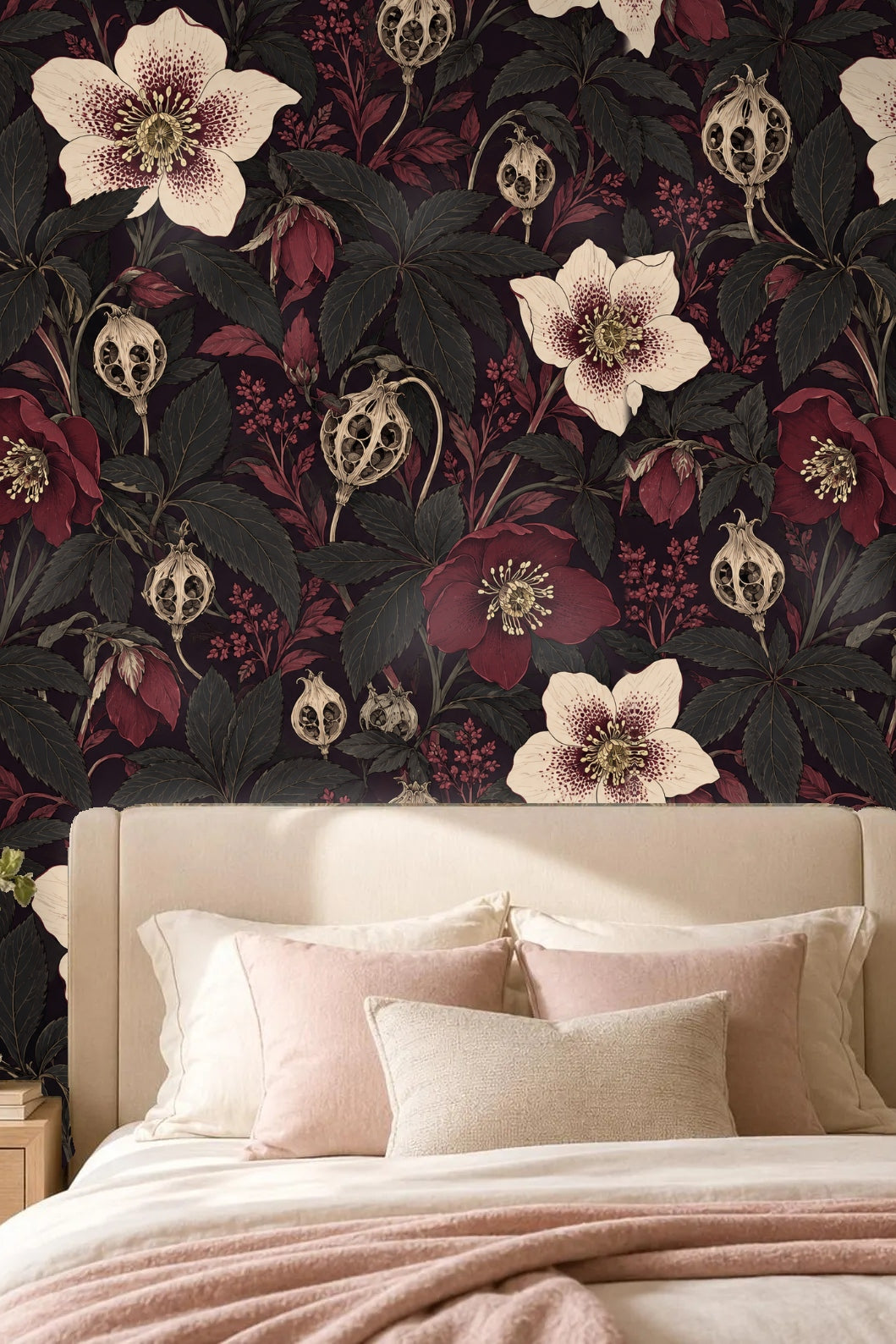Leather chair and marble side table beside wall covered in Boneflower Shadow Bloom wallpaper