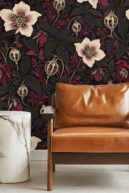 Close-up of Boneflower Shadow Bloom wallpaper showing cream hellebore flowers and burgundy seed pods on deep plum background