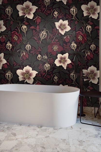 Dark green leaves with subtle veins and burgundy flowers in wallpaper pattern