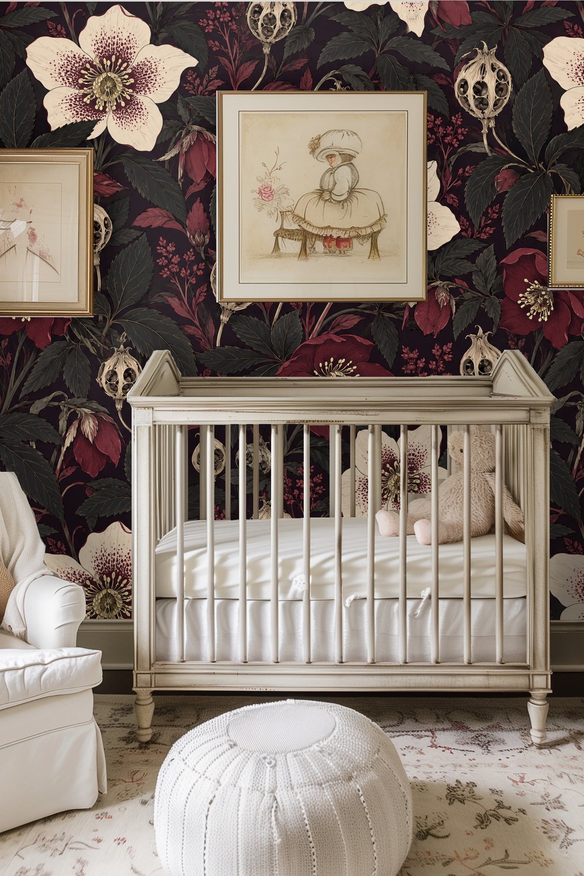 Bedroom with headboard against wall covered in Boneflower Shadow Bloom wallpaper with cream and burgundy floral pattern