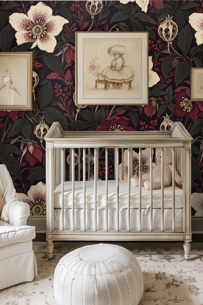 Bedroom with headboard against wall covered in Boneflower Shadow Bloom wallpaper with cream and burgundy floral pattern