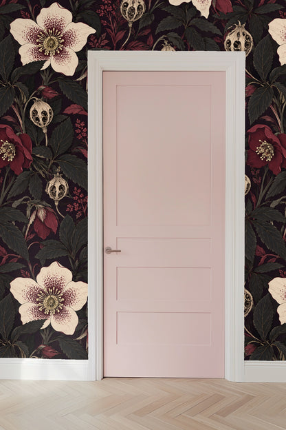 Side view of wallpaper composition with contrasting light flowers and deep dark background