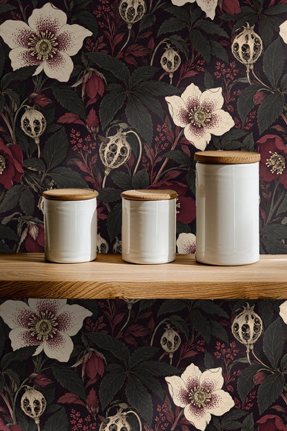 Interior scene showing texture and scale of botanical wallpaper beside leather furniture