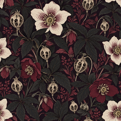 Dark wallpaper with intricate floral and seed pod design in an interior setting