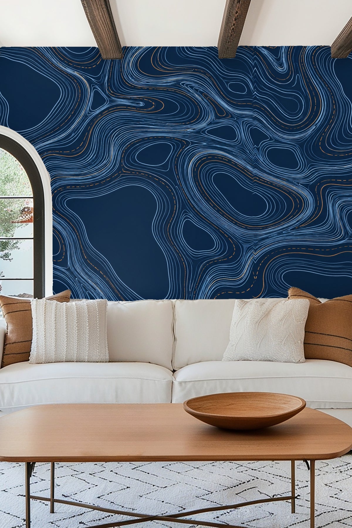 Copper and blue linear engraving wallpaper seen in natural light