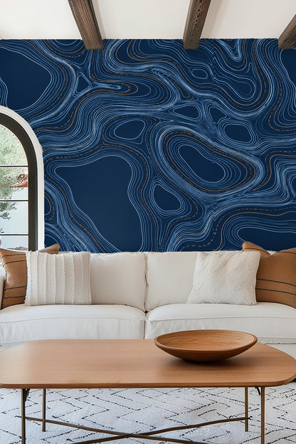Copper and blue linear engraving wallpaper seen in natural light