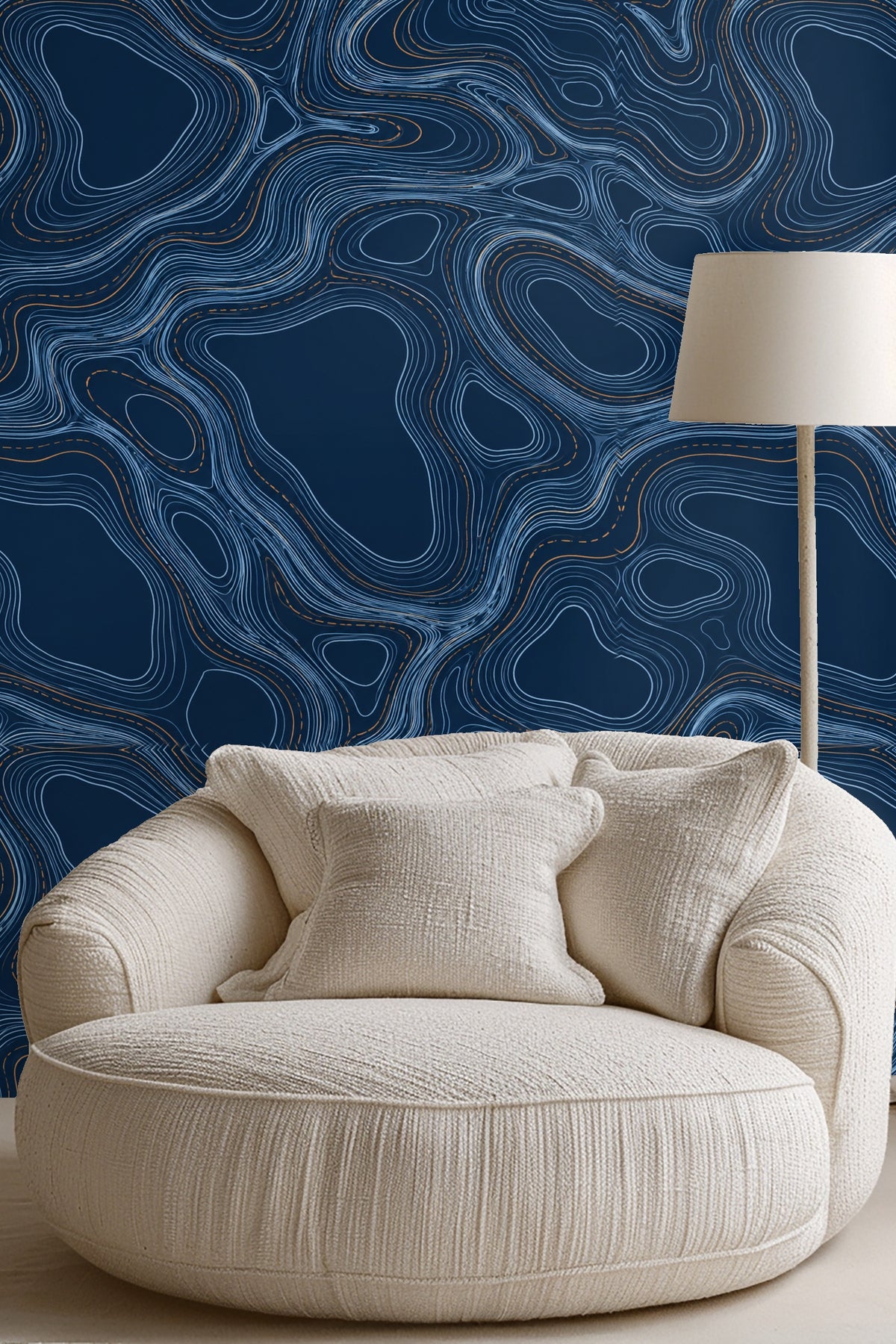 Mood shot: abstract contour wallpaper with modern furniture