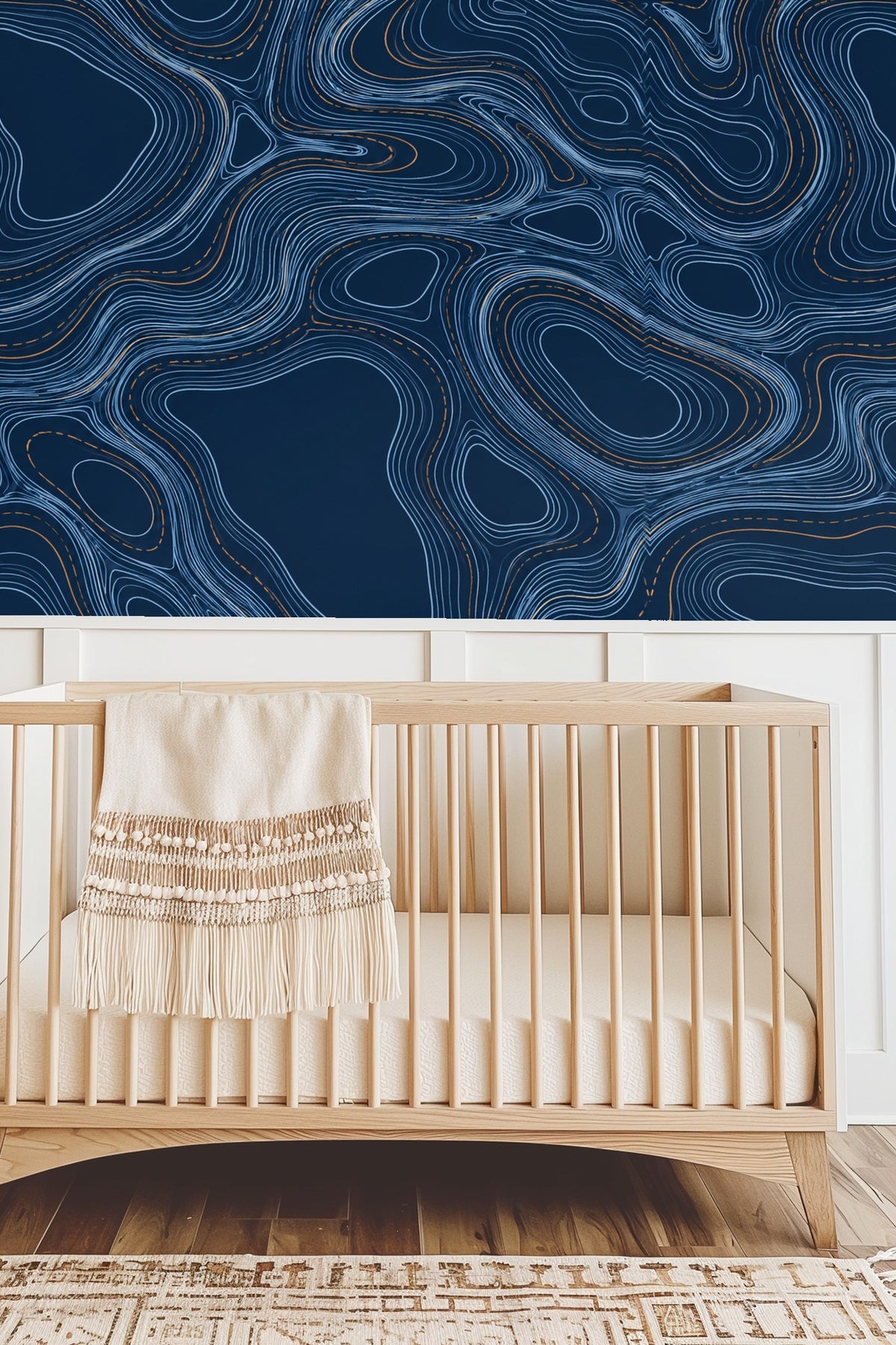 Wallpaper with flowing abstract lines creating a rhythmic pattern in blue hues