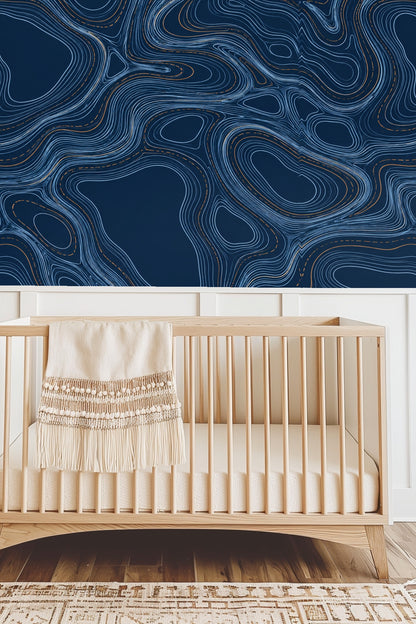 Wallpaper with flowing abstract lines creating a rhythmic pattern in blue hues