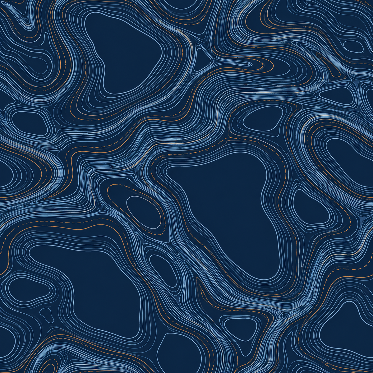 Wide shot of wallpaper pattern repeating with blue and copper linework