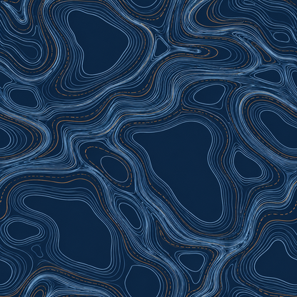Wide shot of wallpaper pattern repeating with blue and copper linework