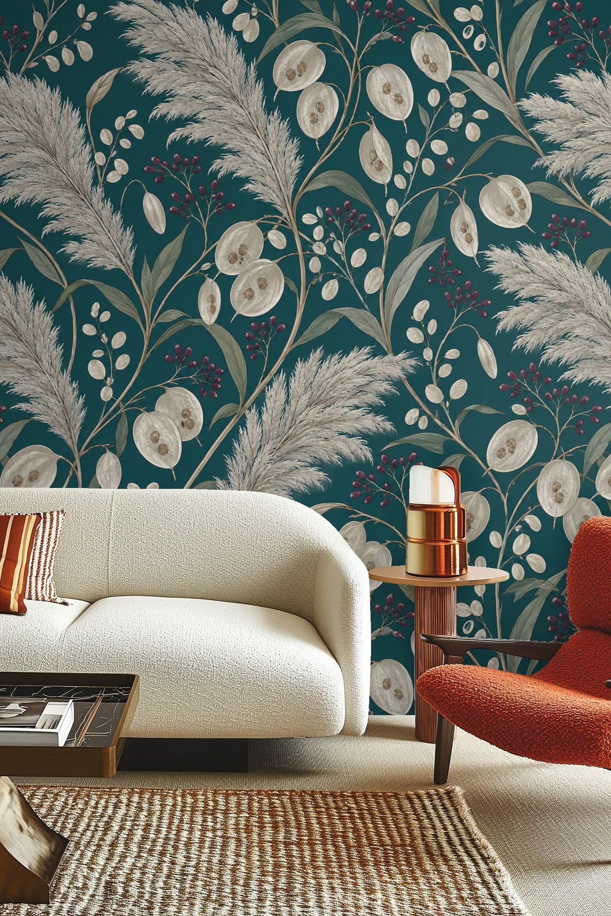 Close-up of detailed pampas grass and lunaria seed pods on teal wallpaper
