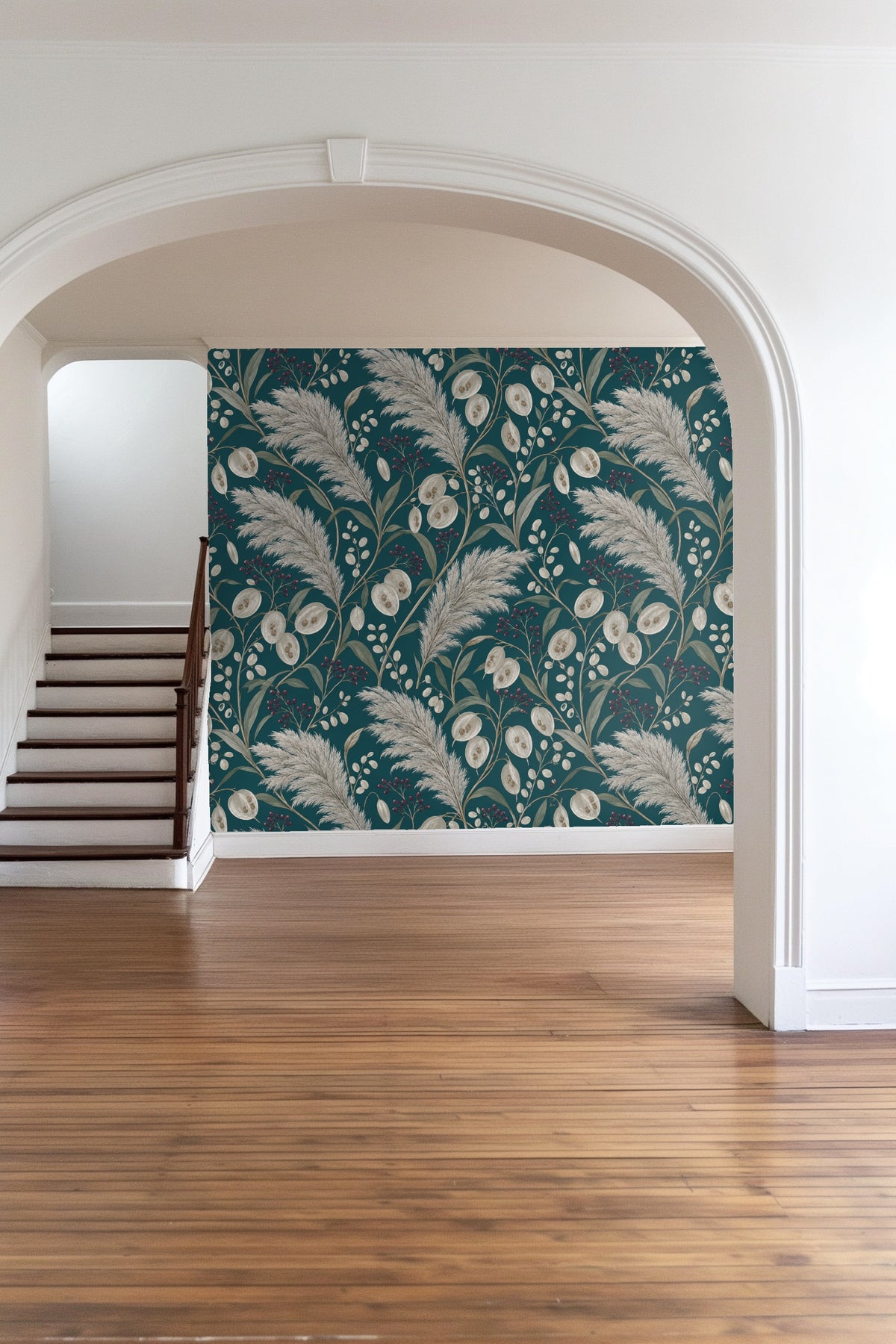Illustrated natural seed pods and branches on textured teal wall