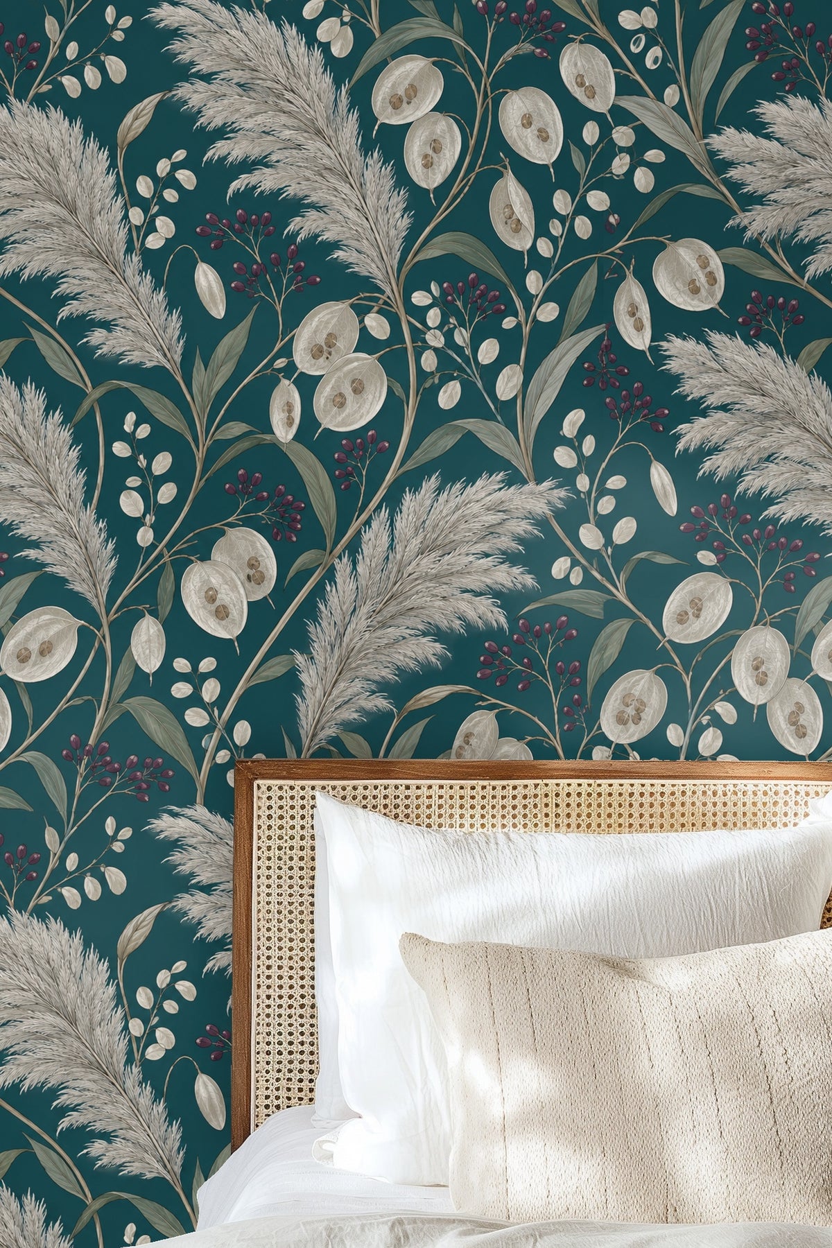 Fine line work of botanical subjects in neutral tones against teal
