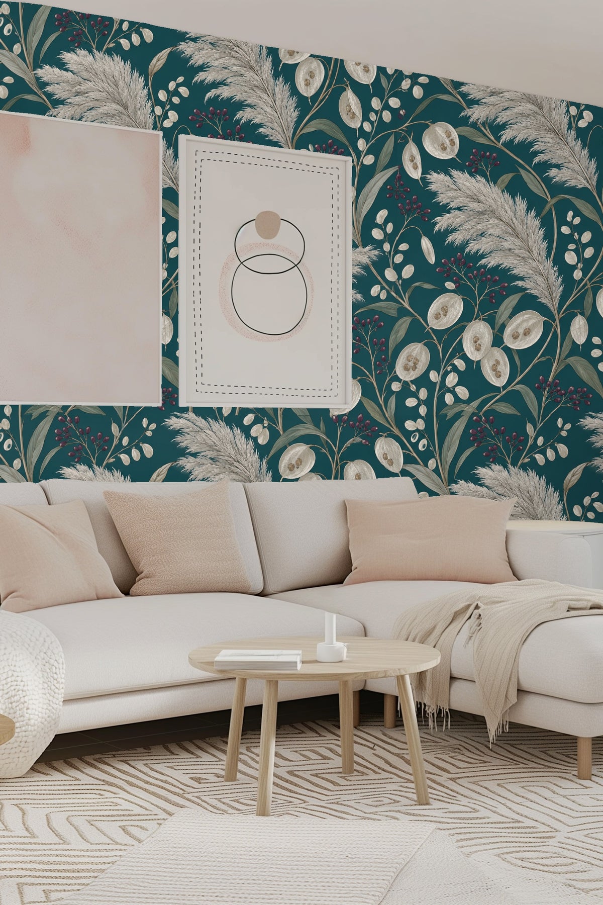 Close range image of wallpaper corner with prominent seed pods and grasses