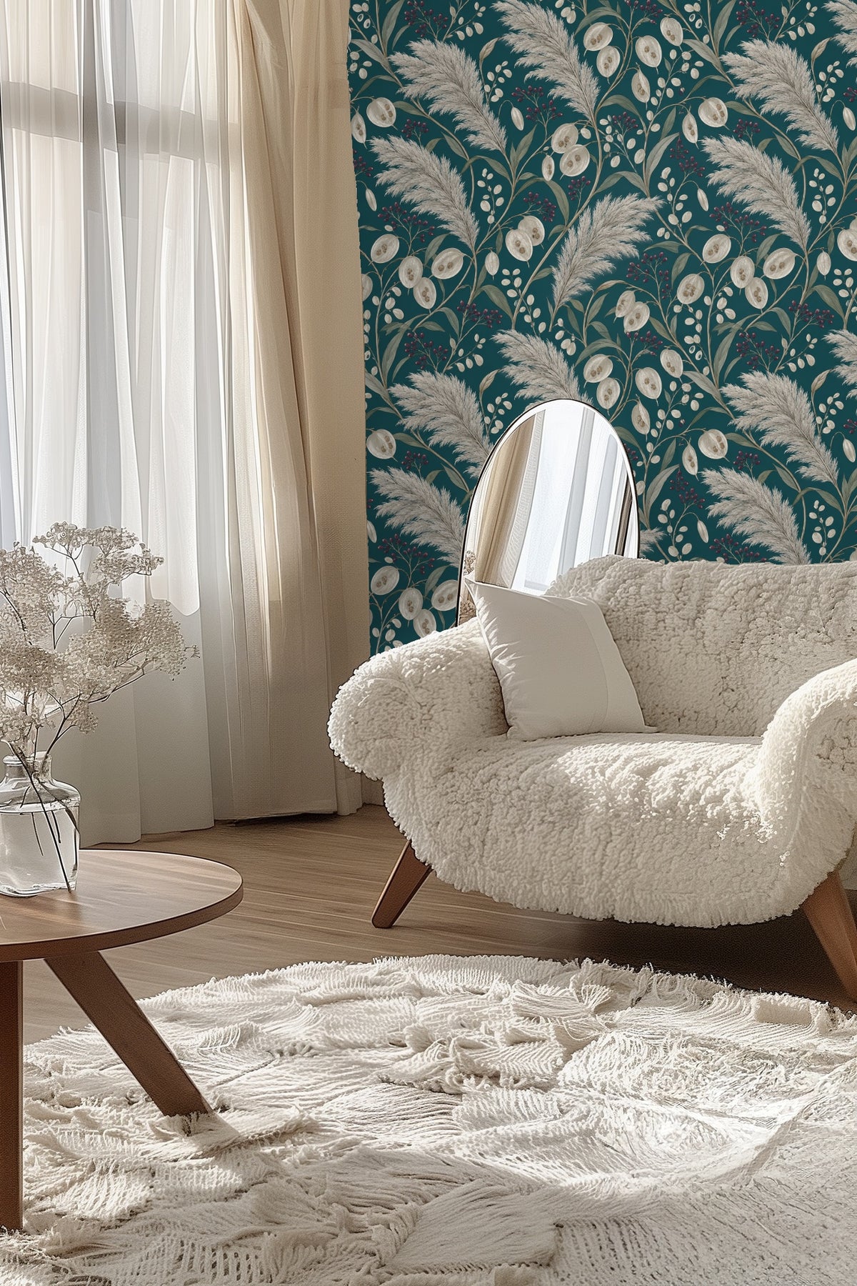 Bedroom with teal pampas wallpaper behind black iron bedframe and white linens