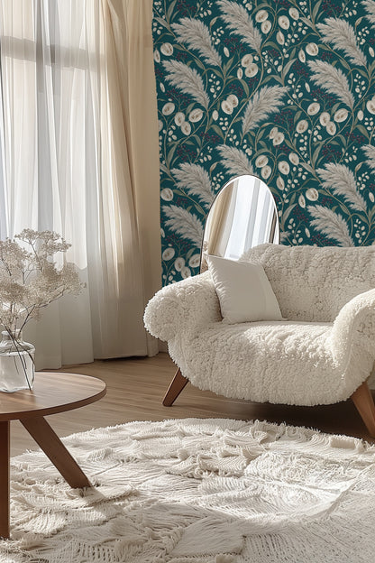 Bedroom with teal pampas wallpaper behind black iron bedframe and white linens