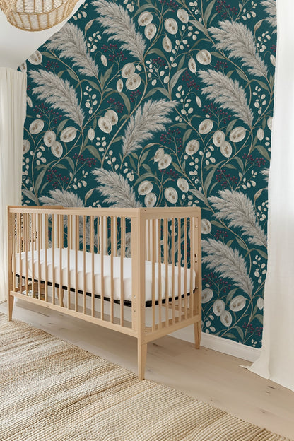 Detailed botanical wallpaper pattern featuring beige pampas grass and lunaria seed pods on deep teal background