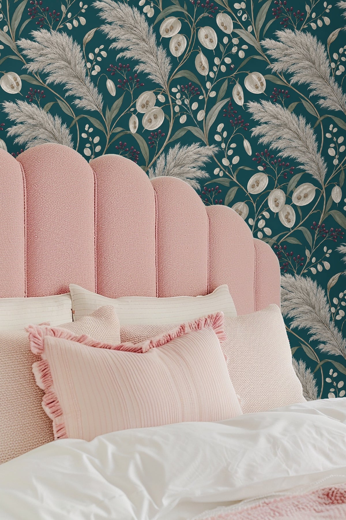 Muted green leaves highlight flow and movement in botanical wallpaper