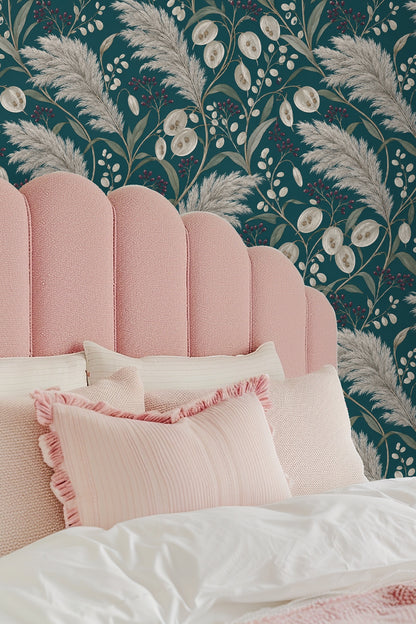 Muted green leaves highlight flow and movement in botanical wallpaper
