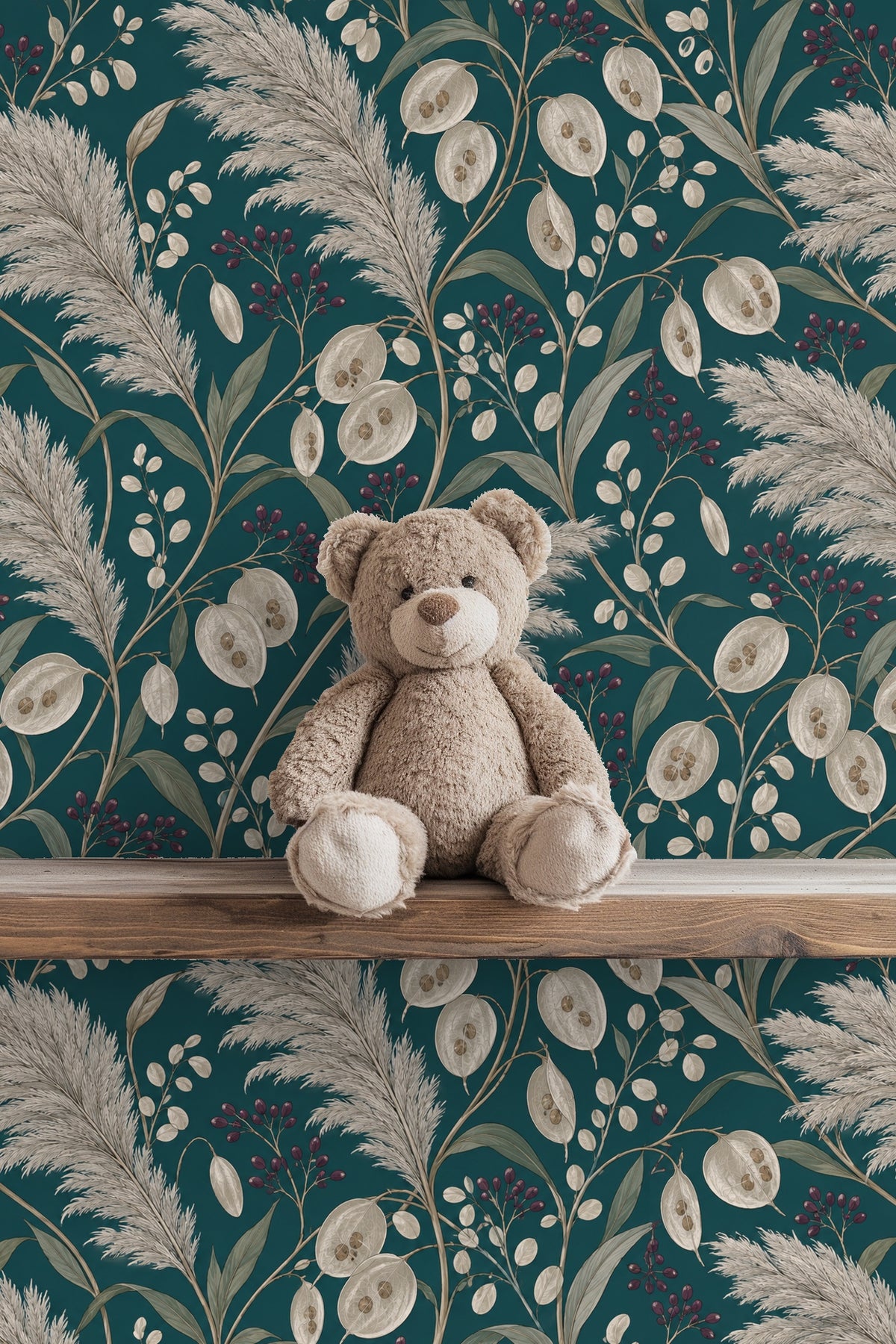 Soft beige pampas plume clusters overlaid on rich teal background
