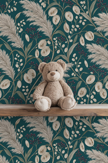Soft beige pampas plume clusters overlaid on rich teal background