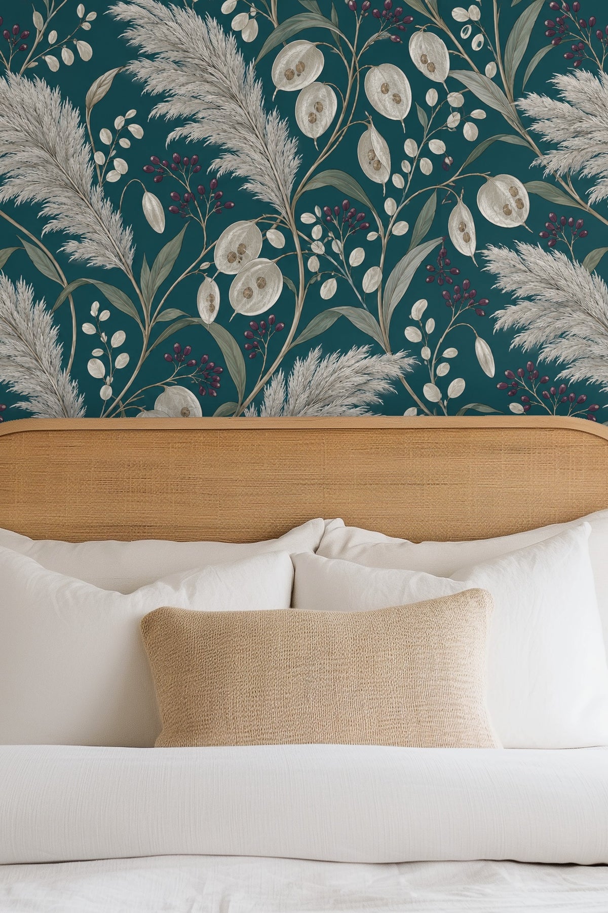 Artful wallpaper wall texture with natural botanical motifs and seed pods
