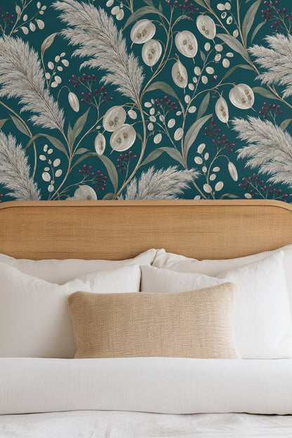 Artful wallpaper wall texture with natural botanical motifs and seed pods