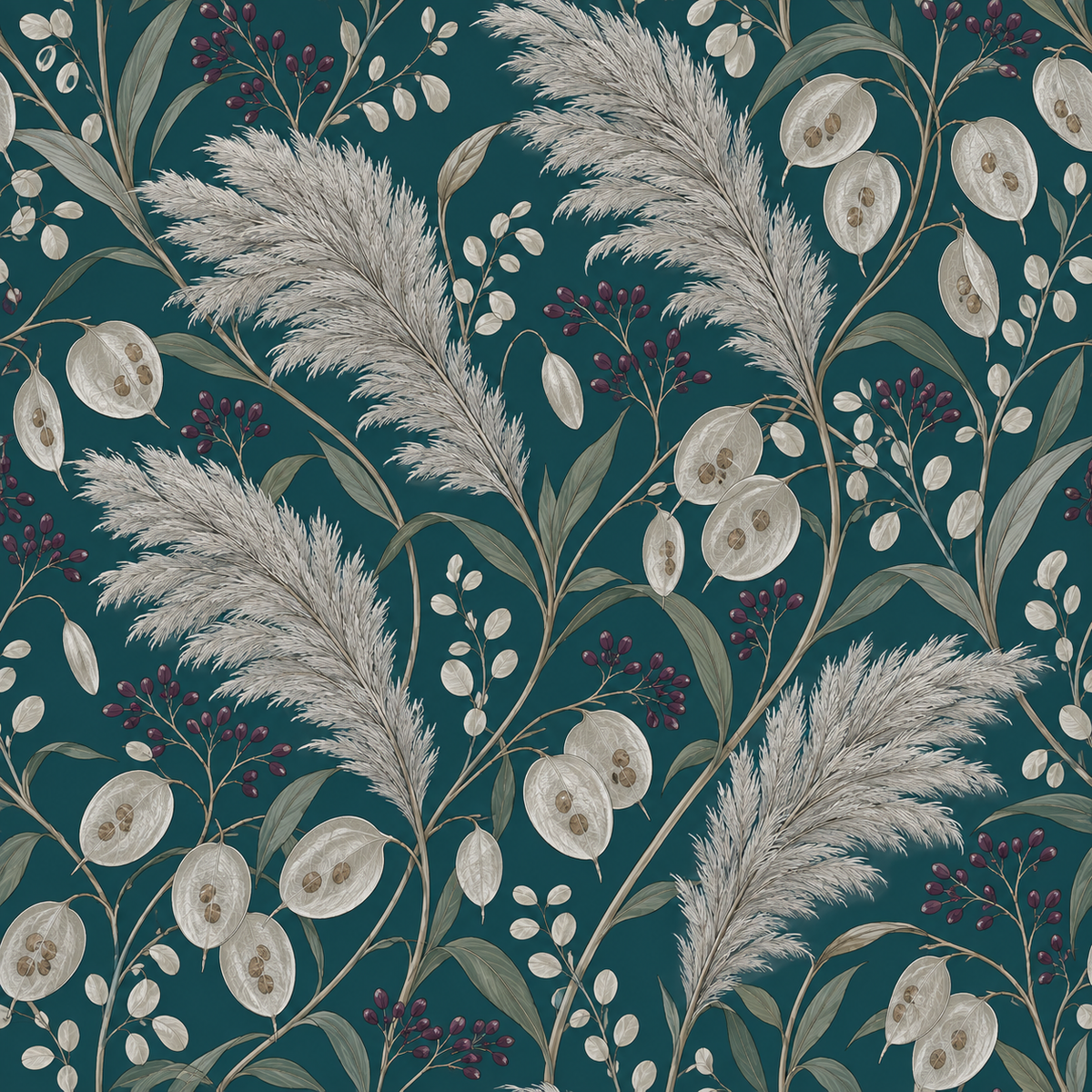 Overall wallpaper pattern showing full repeat including berries, pods, and pampas