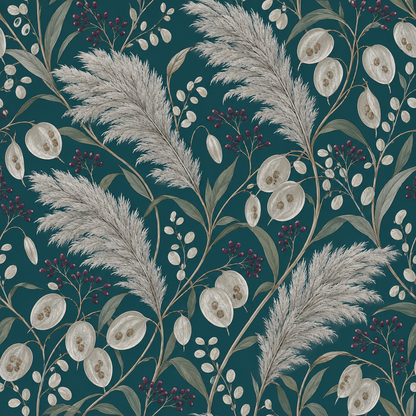 Overall wallpaper pattern showing full repeat including berries, pods, and pampas