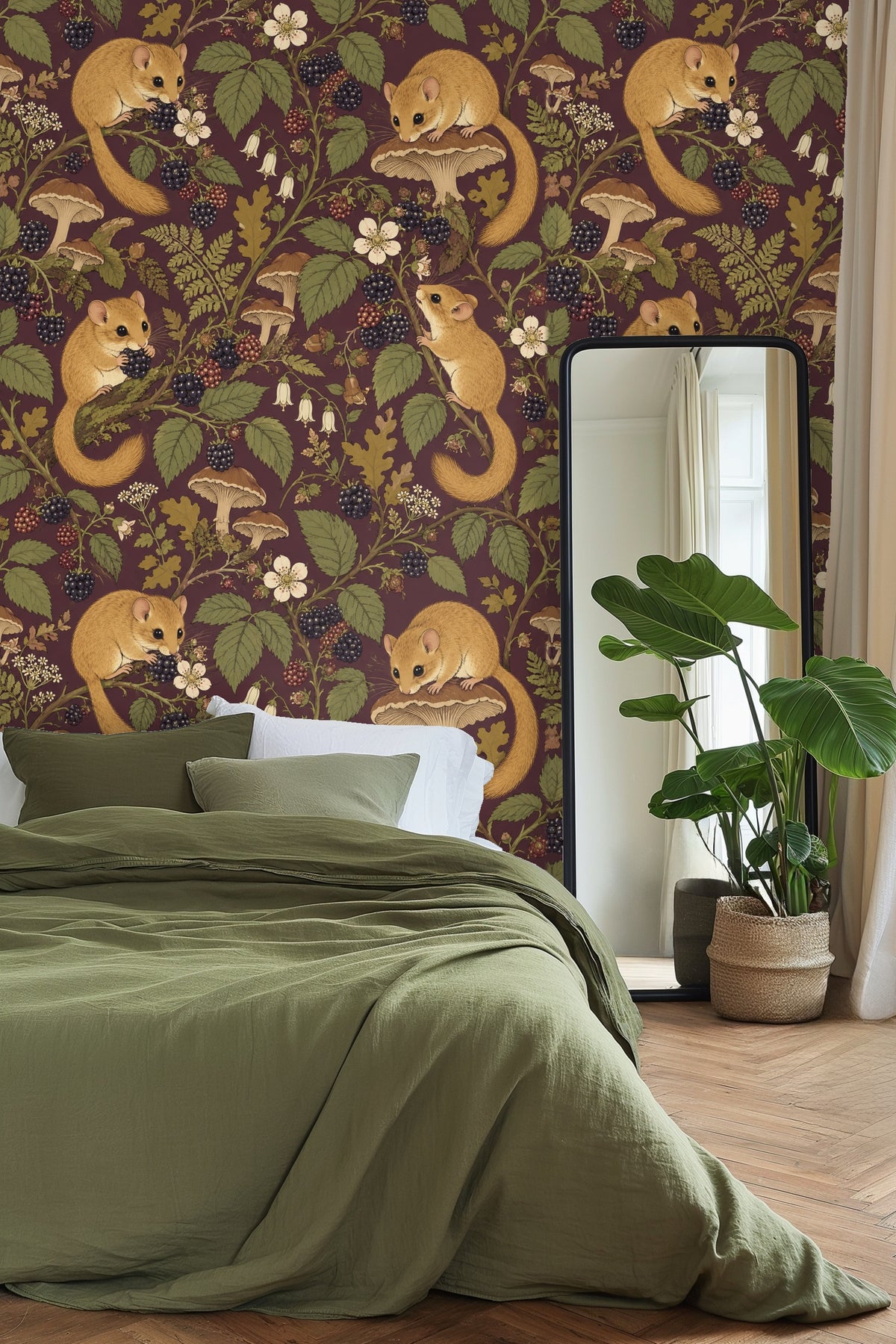 Detailed view of a dormouse perched on a mushroom within the plum wallpaper pattern
