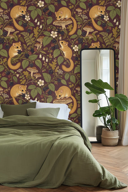 Detailed view of a dormouse perched on a mushroom within the plum wallpaper pattern