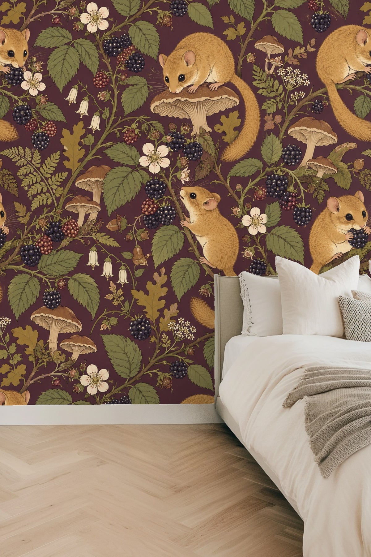 Golden dormouse nibbling on a Blackberry against plum colored wallpaper