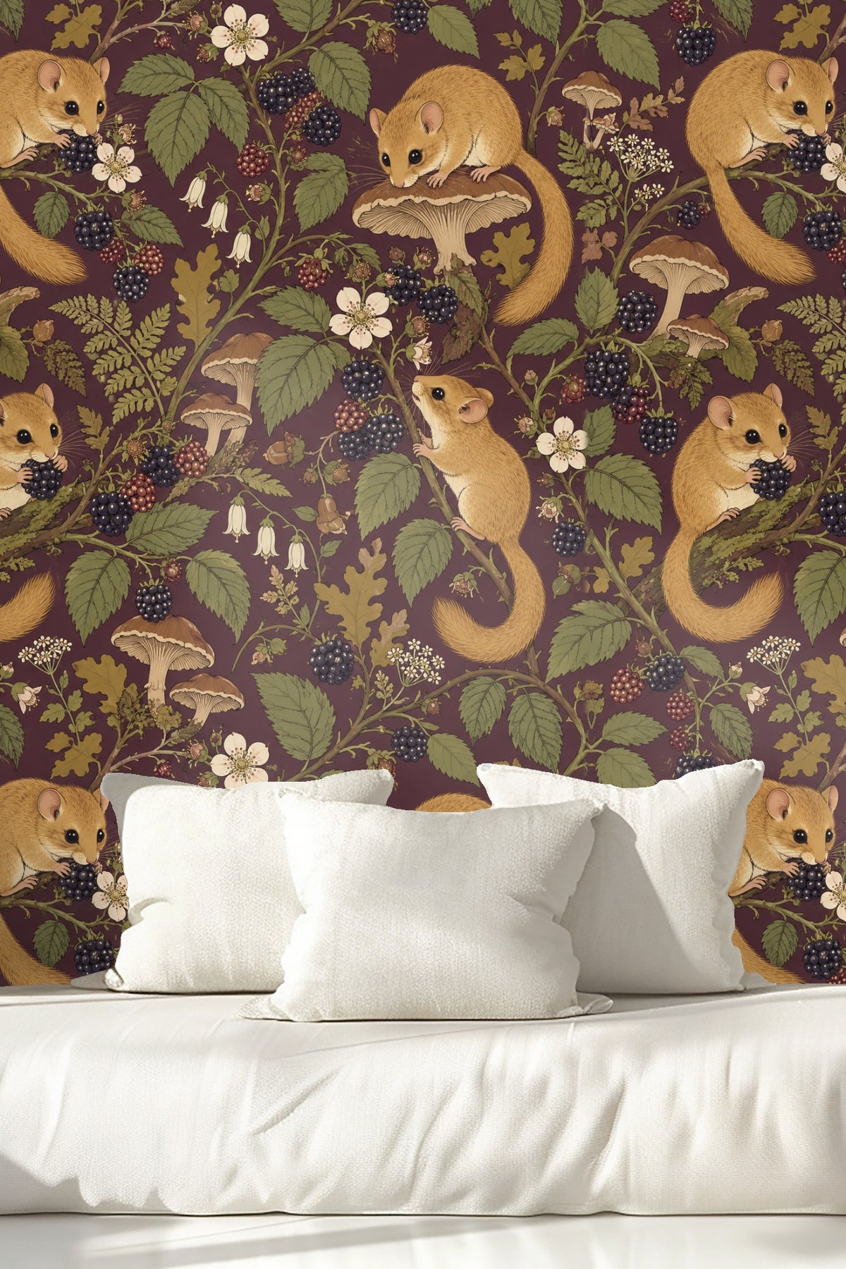 Dormouse climbing a blackberry branch in detailed wallpaper design