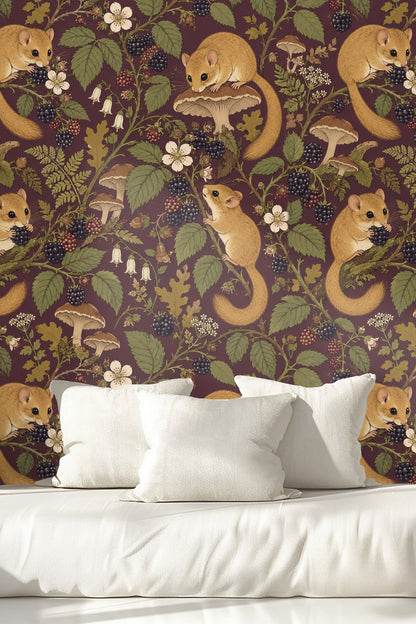 Dormouse climbing a blackberry branch in detailed wallpaper design