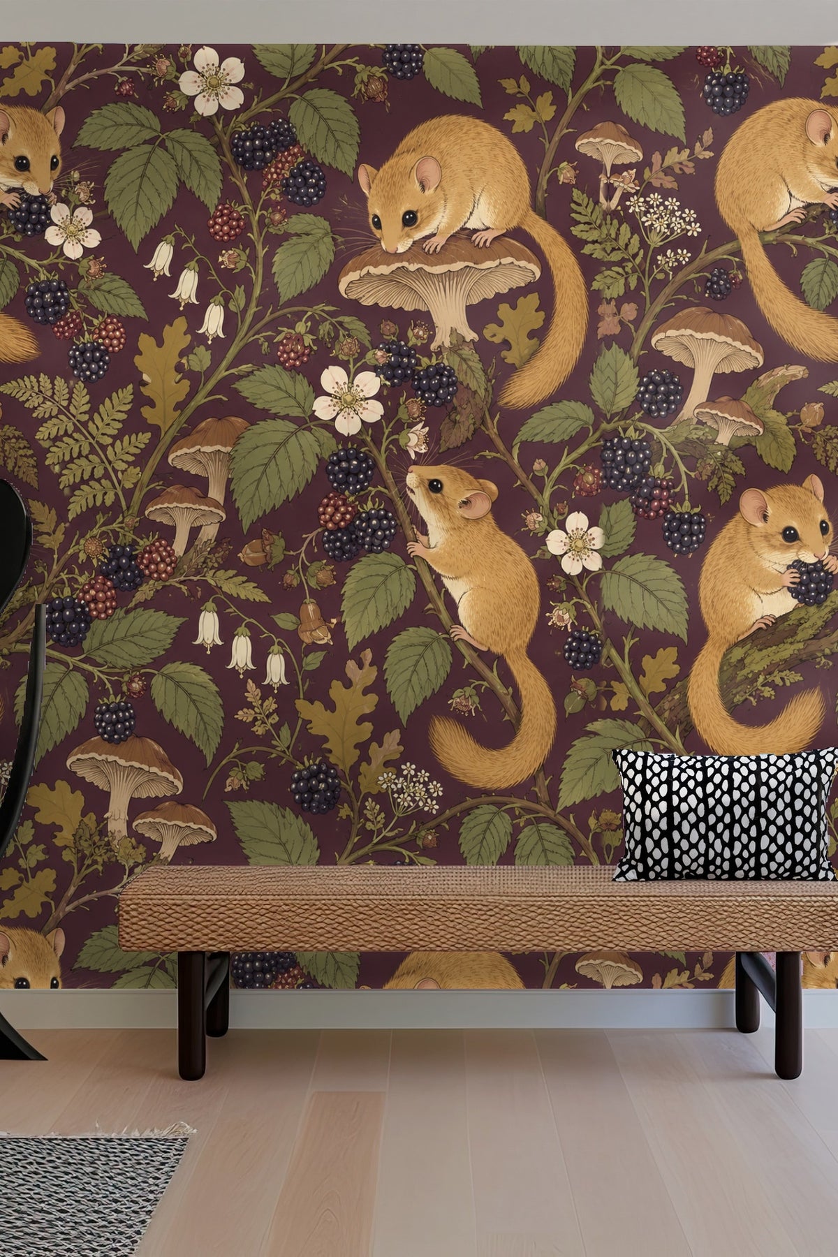 Wallpaper featuring oak leaves and ferns in warm fall colors with small dormice