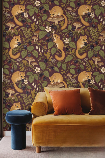 Pattern repeat showing bramble leaves, flowers, and small woodland creatures