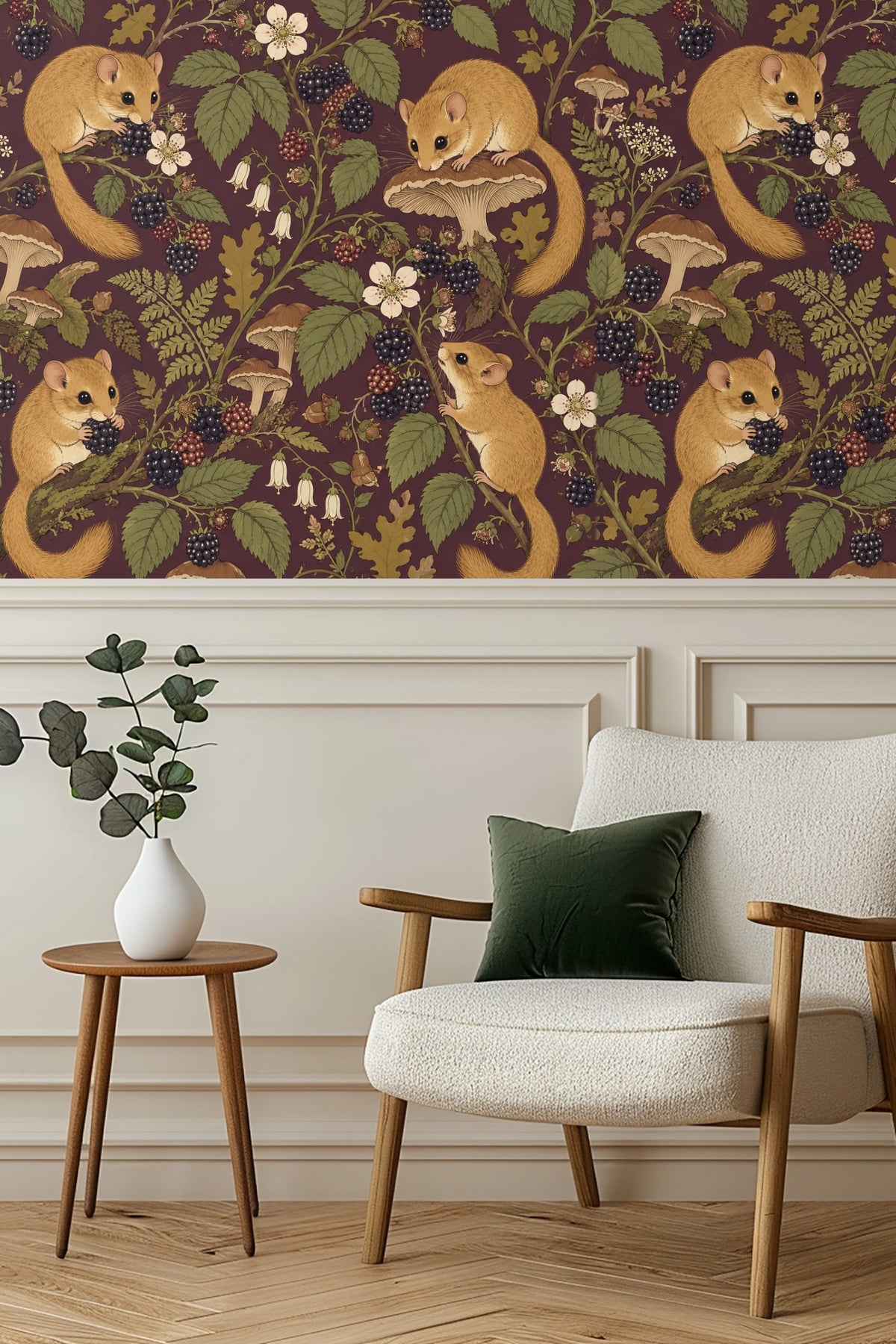 Close-up of mushroom illustrations with fine line detail on wallpaper