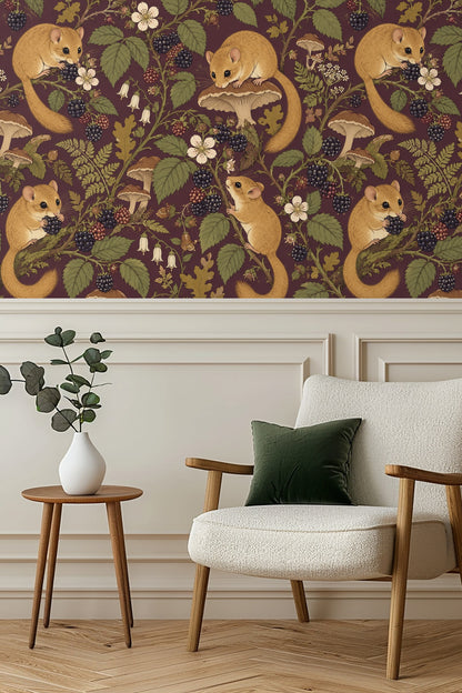 Close-up of mushroom illustrations with fine line detail on wallpaper