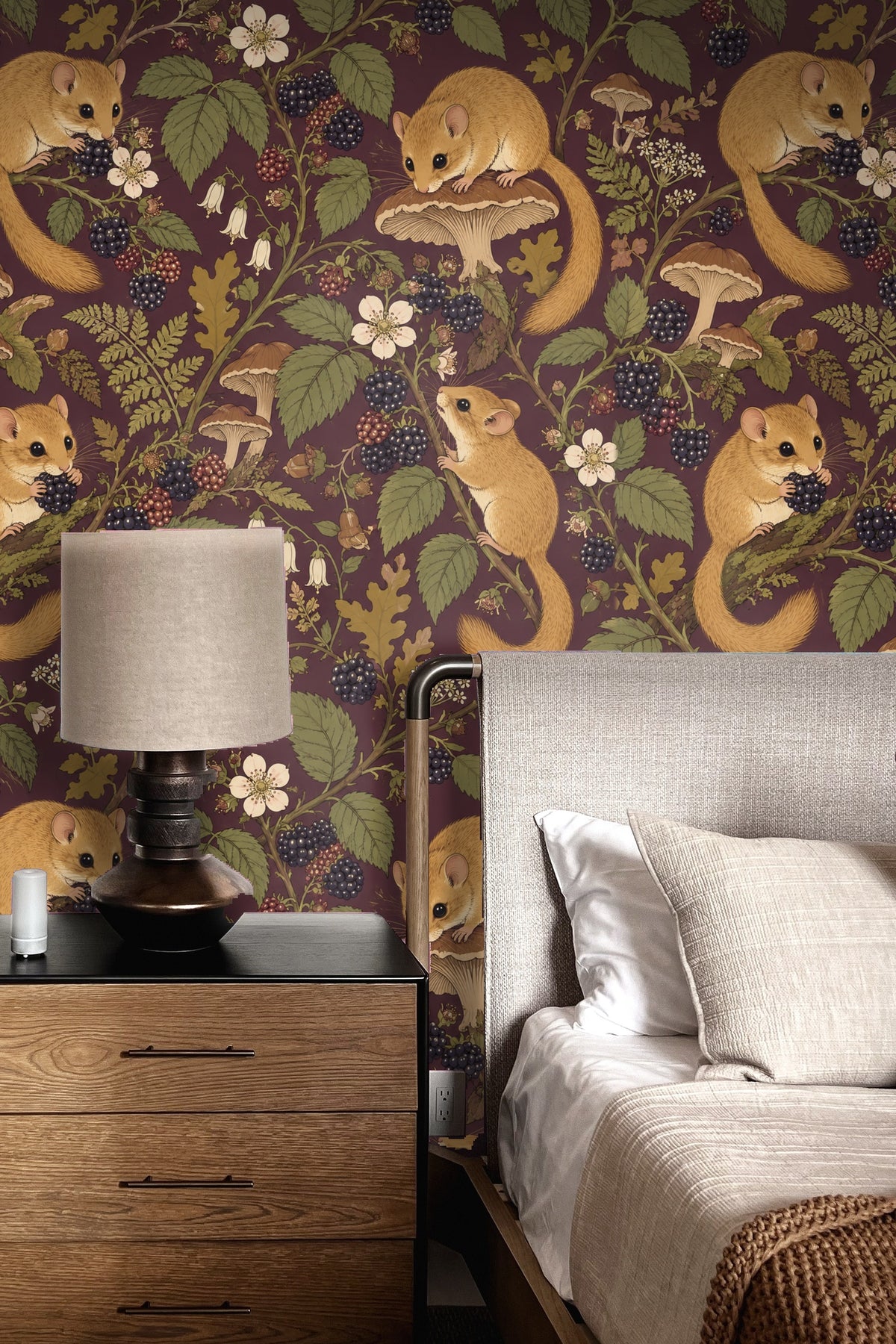 Wallpaper design showing golden dormice among blackberry brambles and mushrooms on a plum background