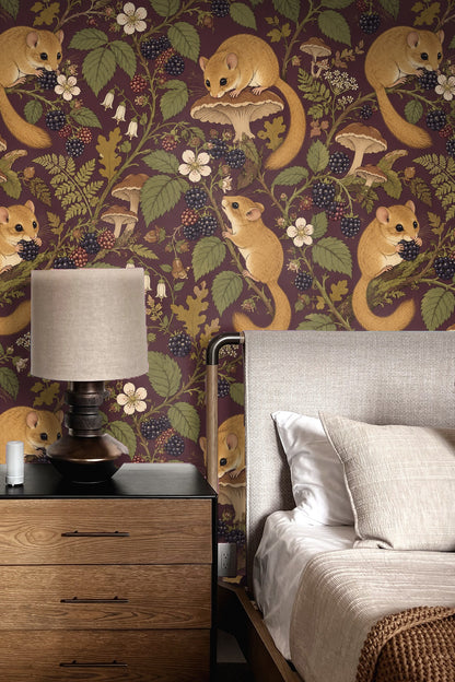 Wallpaper design showing golden dormice among blackberry brambles and mushrooms on a plum background