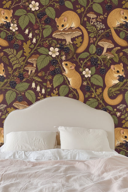Section of wallpaper showing intertwined branches and floral shapes with dormouse