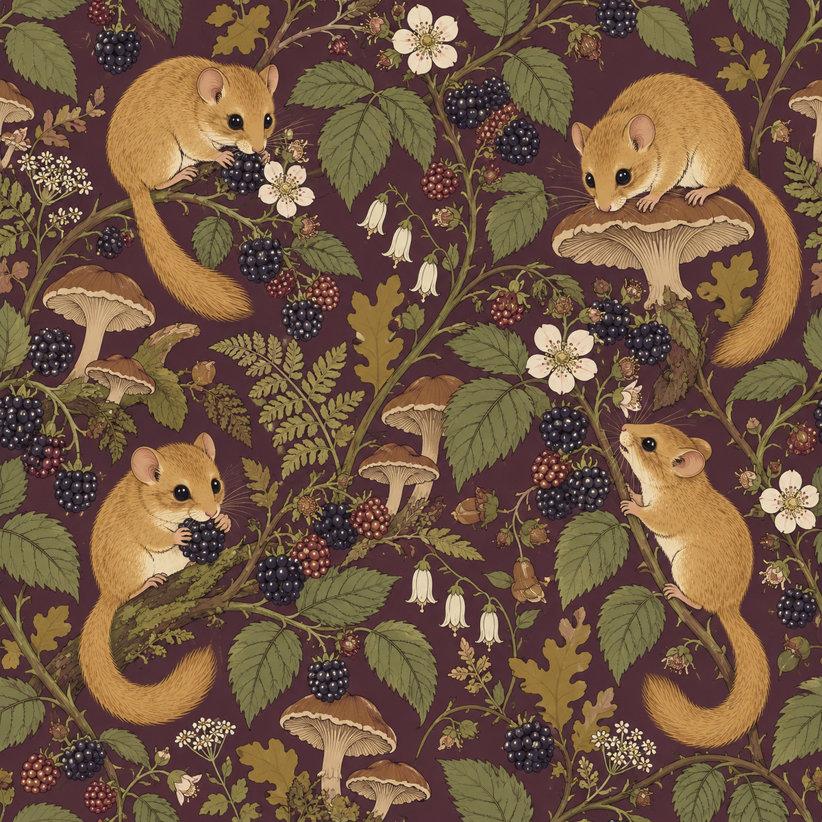Overall wallpaper layout showing balanced animal and botanical motifs on plum base
