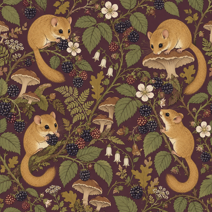Overall wallpaper layout showing balanced animal and botanical motifs on plum base