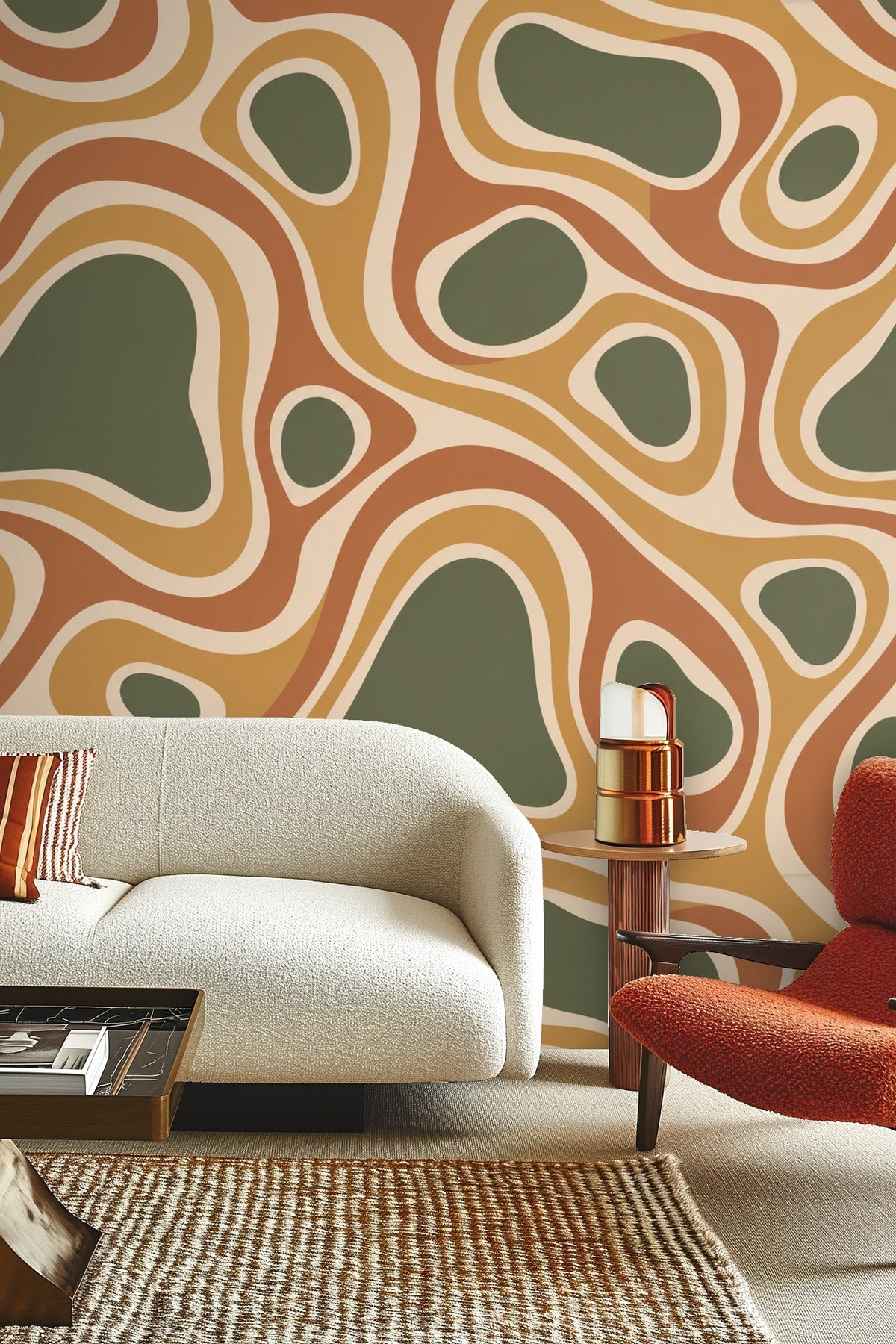 Art piece with bold black lines against wallpaper's colored shapes.