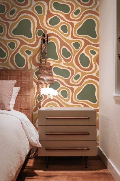 Textured carpet and modern furniture complementing wallpaper in cozy living space.