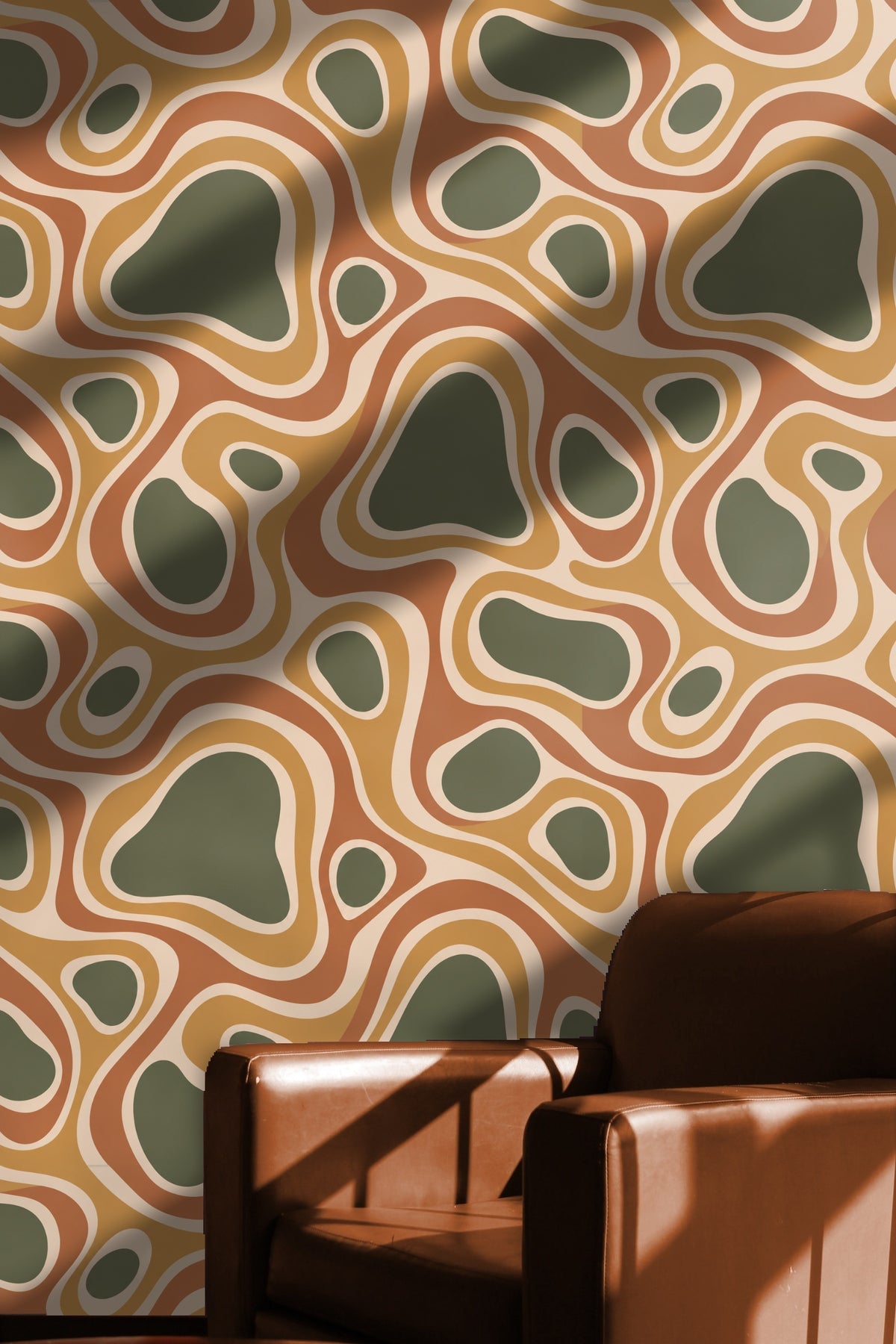 Modern decor placed against patterned wall, showing scale and contrast.